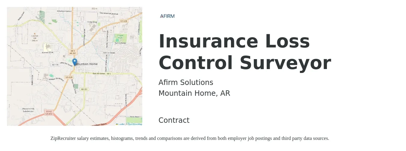 Afirm Solutions job posting for a Insurance Loss Control Surveyor in Mountain Home, AR with a salary of $75,900 to $94,100 Yearly with a map of Mountain Home location.