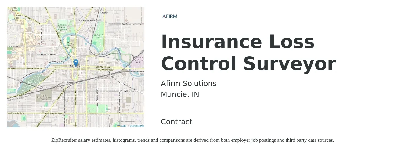 Afirm Solutions job posting for a Insurance Loss Control Surveyor in Muncie, IN with a salary of $73,700 to $91,300 Yearly with a map of Muncie location.