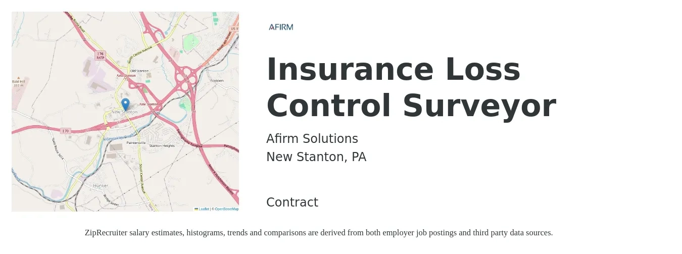 Afirm Solutions job posting for a Insurance Loss Control Surveyor in New Stanton, PA with a salary of $73,600 to $91,100 Yearly with a map of New Stanton location.
