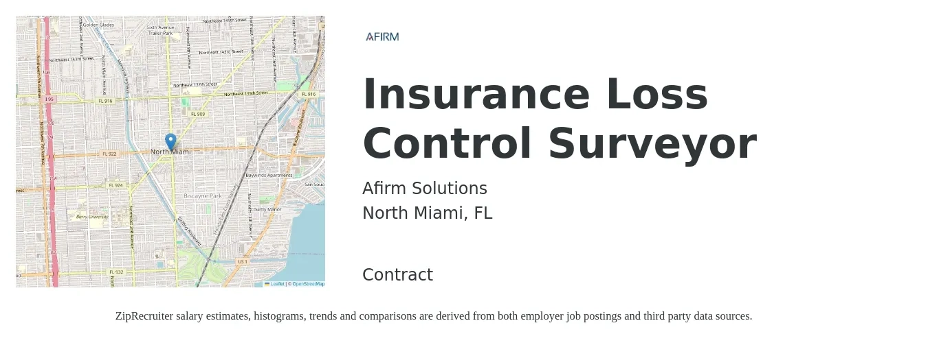 Afirm Solutions job posting for a Insurance Loss Control Surveyor in North Miami, FL with a salary of $75,800 to $93,900 Yearly with a map of North Miami location.