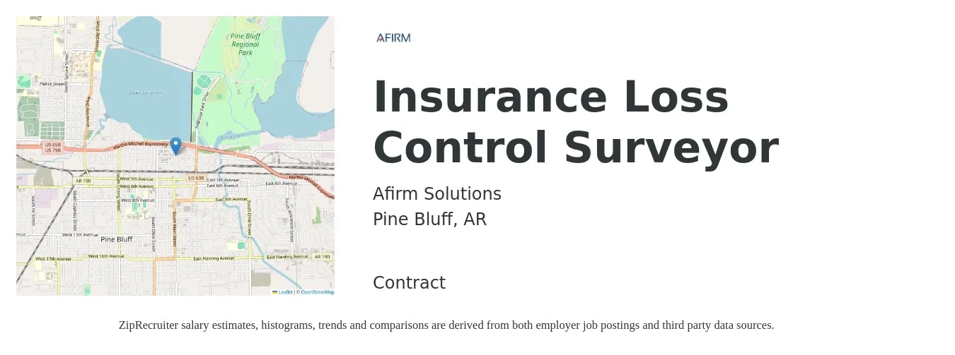 Afirm Solutions job posting for a Insurance Loss Control Surveyor in Pine Bluff, AR with a salary of $71,800 to $89,000 Yearly with a map of Pine Bluff location.