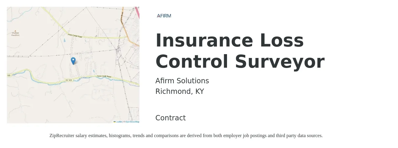 Afirm Solutions job posting for a Insurance Loss Control Surveyor in Richmond, KY with a salary of $73,600 to $91,100 Yearly with a map of Richmond location.