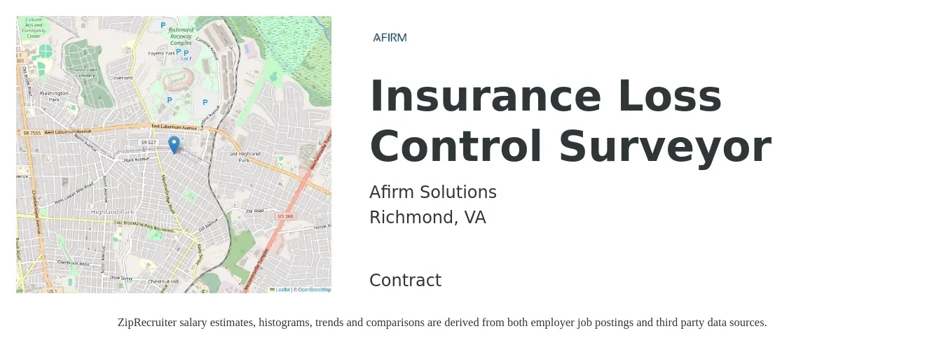 Afirm Solutions job posting for a Insurance Loss Control Surveyor in Richmond, VA with a salary of $78,700 to $97,500 Yearly with a map of Richmond location.