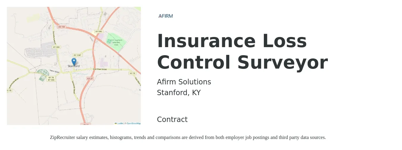 Afirm Solutions job posting for a Insurance Loss Control Surveyor in Stanford, KY with a salary of $67,400 to $83,500 Yearly with a map of Stanford location.