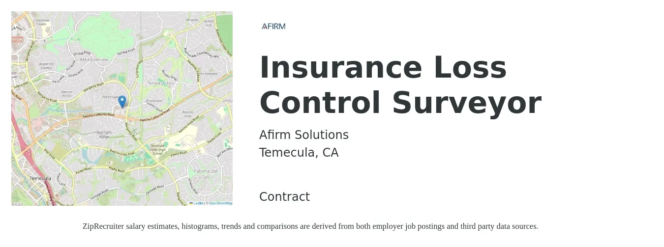 Afirm Solutions job posting for a Insurance Loss Control Surveyor in Temecula, CA with a salary of $79,000 to $97,900 Yearly with a map of Temecula location.