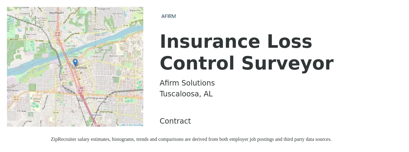 Afirm Solutions job posting for a Insurance Loss Control Surveyor in Tuscaloosa, AL with a salary of $73,800 to $91,400 Yearly with a map of Tuscaloosa location.
