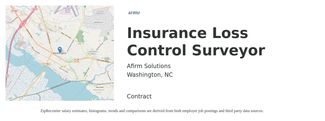 Afirm Solutions job posting for a Insurance Loss Control Surveyor in Washington, NC with a salary of $69,100 to $85,600 Yearly with a map of Washington location.