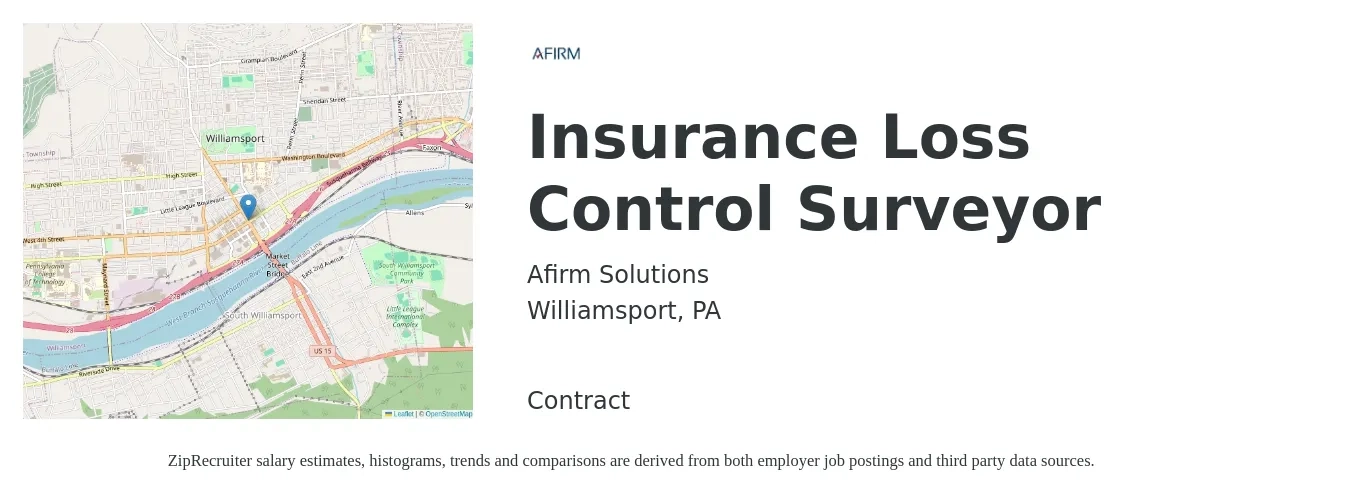 Afirm Solutions job posting for a Insurance Loss Control Surveyor in Williamsport, PA with a salary of $72,100 to $89,300 Yearly with a map of Williamsport location.