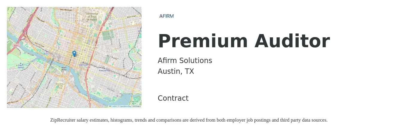 Afirm Solutions job posting for a Premium Auditor in Austin, TX with a salary of $49,100 to $60,000 Yearly with a map of Austin location.