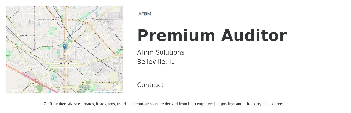 Afirm Solutions job posting for a Premium Auditor in Belleville, IL with a salary of $48,100 to $58,800 Yearly with a map of Belleville location.