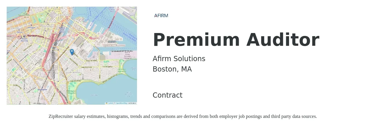 Afirm Solutions job posting for a Premium Auditor in Boston, MA with a salary of $53,800 to $65,700 Yearly with a map of Boston location.