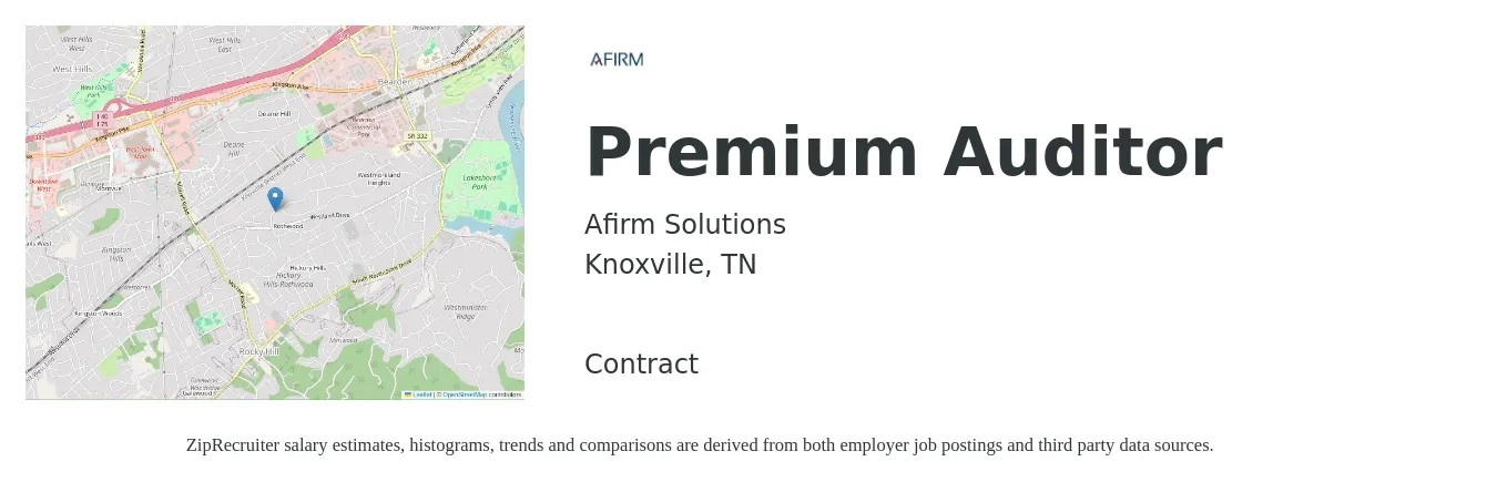 Afirm Solutions job posting for a Premium Auditor in Knoxville, TN with a salary of $47,200 to $57,700 Yearly with a map of Knoxville location.