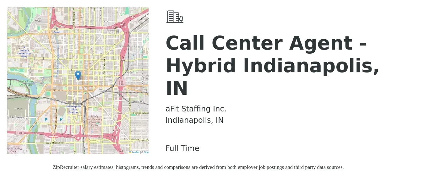 aFit Staffing Inc. job posting for a Call Center Agent - Hybrid Indianapolis, IN in Indianapolis, IN with a salary of $14 to $19 Hourly with a map of Indianapolis location.