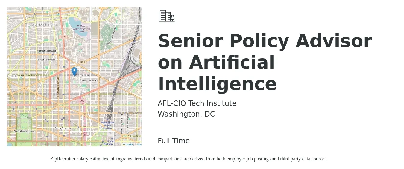 AFL-CIO Tech Institute job posting for a Senior Policy Advisor on Artificial Intelligence in Washington, DC with a salary of $150,000 Yearly with a map of Washington location.