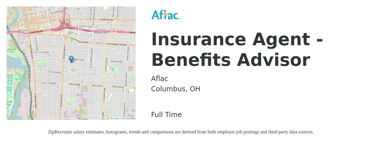 Aflac job posting for a Insurance Agent - Benefits Advisor in Columbus, OH with a salary of $46,400 to $77,300 Yearly with a map of Columbus location.
