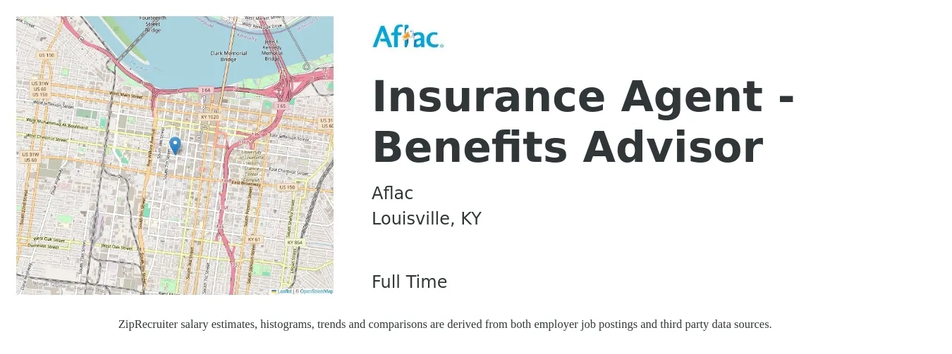 Aflac job posting for a Insurance Agent - Benefits Advisor in Louisville, KY with a salary of $46,100 to $76,900 Yearly with a map of Louisville location.