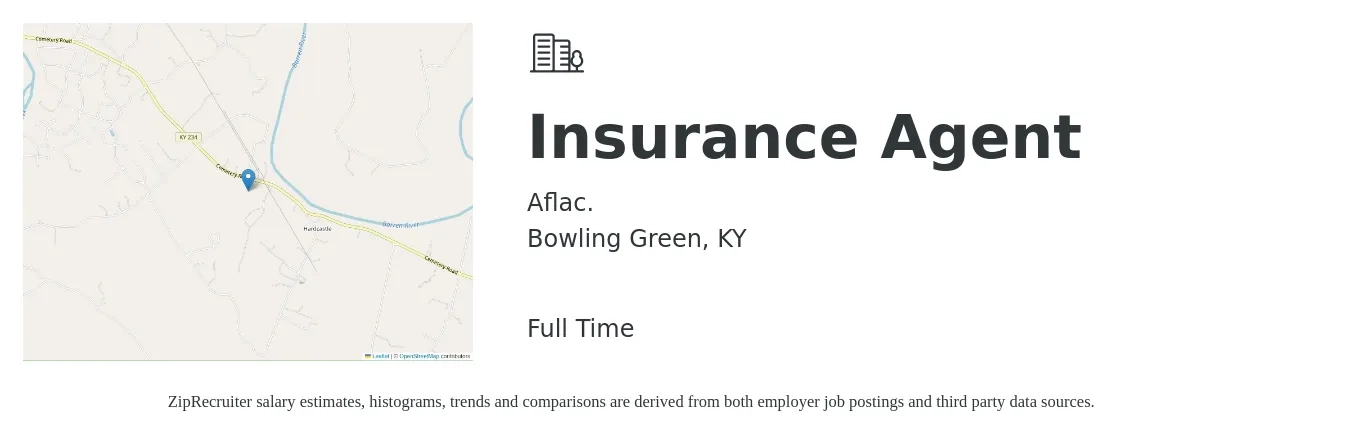 Aflac. job posting for a Insurance Agent in Bowling Green, KY with a salary of $43,300 to $75,000 Yearly with a map of Bowling Green location.