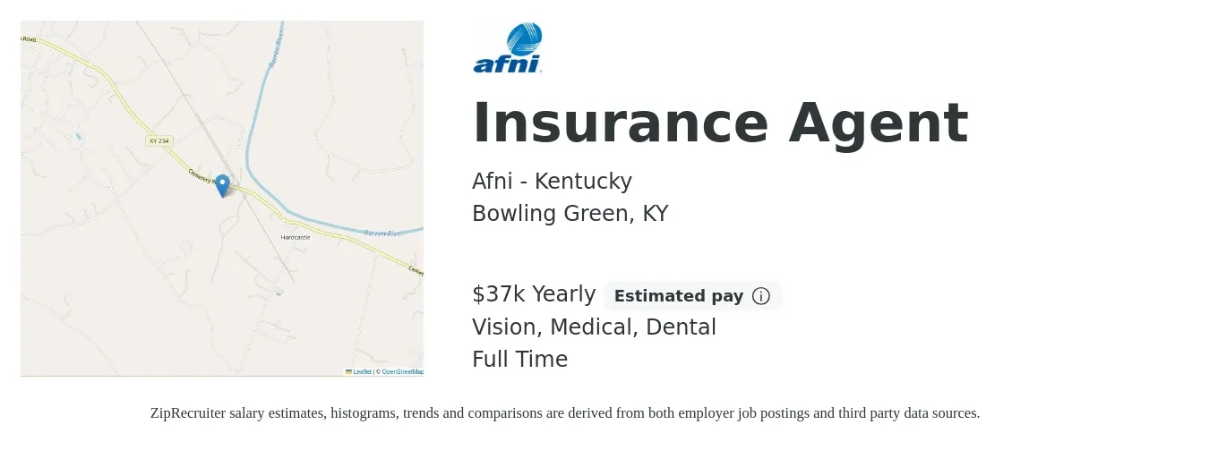 Afni - Kentucky job posting for a Insurance Agent in Bowling Green, KY with a salary of $37,960 Yearly and benefits including vision, dental, life_insurance, medical, and retirement with a map of Bowling Green location.
