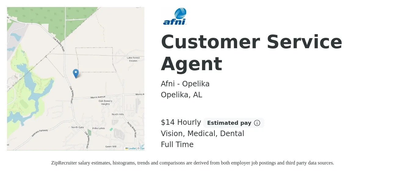 Afni - Opelika job posting for a Customer Service Agent in Opelika, AL with a salary of $16 Hourly and benefits including vision, dental, life_insurance, medical, and retirement with a map of Opelika location.