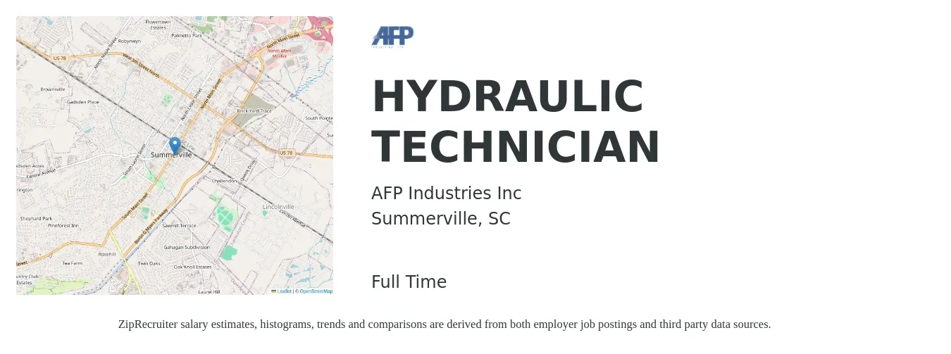AFP Industries Inc job posting for a HYDRAULIC TECHNICIAN in Summerville, SC with a salary of $18 to $27 Hourly with a map of Summerville location.