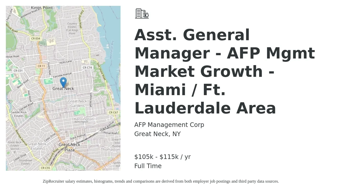 AFP Management Corp job posting for a Asst. General Manager - AFP Mgmt Market Growth - Miami / Ft. Lauderdale Area in Great Neck, NY with a salary of $105,000 to $115,000 Yearly with a map of Great Neck location.