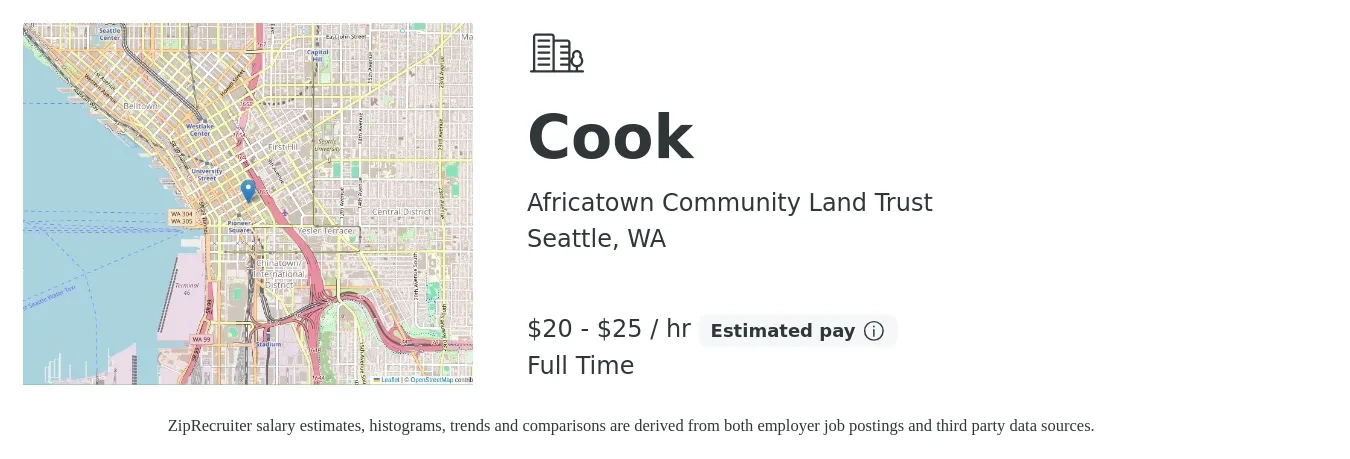 Africatown Community Land Trust job posting for a Cook in Seattle, WA with a salary of $21 to $27 Hourly with a map of Seattle location.