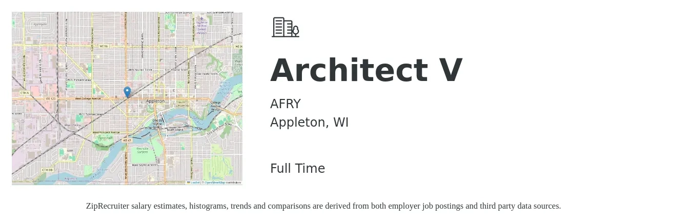 AFRY job posting for a Architect V in Appleton, WI with a salary of $88,800 to $162,000 Yearly with a map of Appleton location.