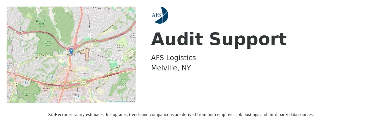 AFS Logistics job posting for a Audit Support in Melville, NY with a salary of $59,000 to $83,700 Yearly with a map of Melville location.
