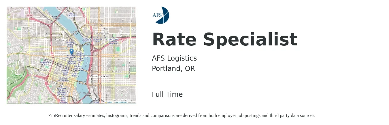 AFS Logistics job posting for a Rate Specialist in Portland, OR with a map of Portland location.