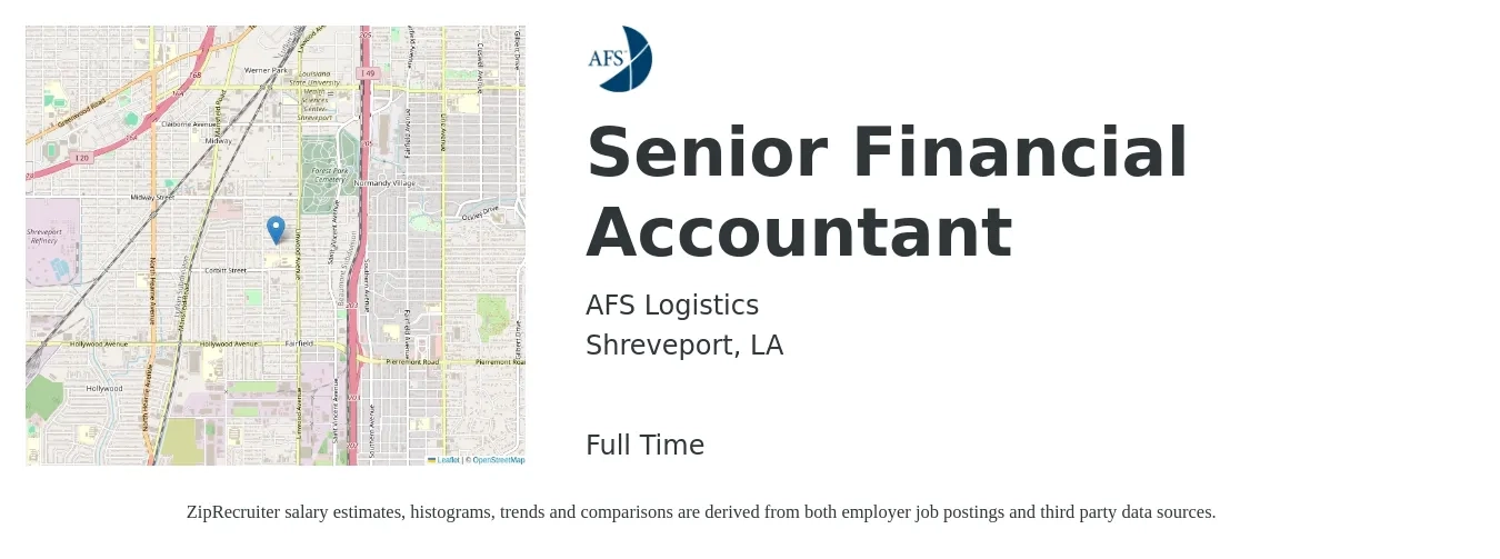 AFS Logistics job posting for a Senior Financial Accountant in Shreveport, LA with a salary of $60,400 to $77,800 Yearly with a map of Shreveport location.