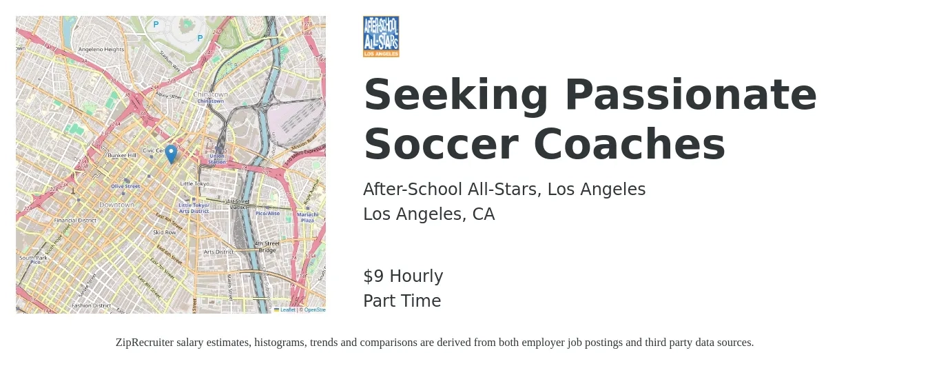 After-School All-Stars, Los Angeles job posting for a Seeking Passionate Soccer Coaches in Los Angeles, CA with a salary of $10 Hourly with a map of Los Angeles location.
