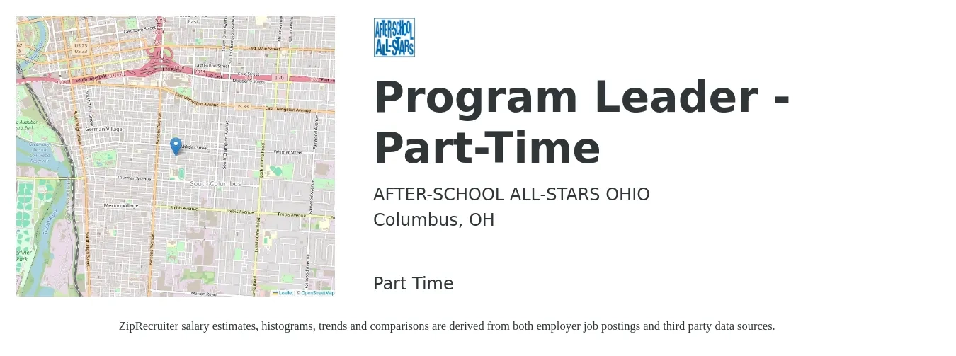 AFTER-SCHOOL ALL-STARS OHIO job posting for a Program Leader - Part-Time in Columbus, OH with a salary of $48,800 to $112,500 Yearly with a map of Columbus location.