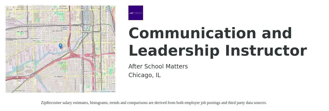 After School Matters job posting for a Communication and Leadership Instructor in Chicago, IL with a salary of $57,200 to $82,400 Yearly with a map of Chicago location.