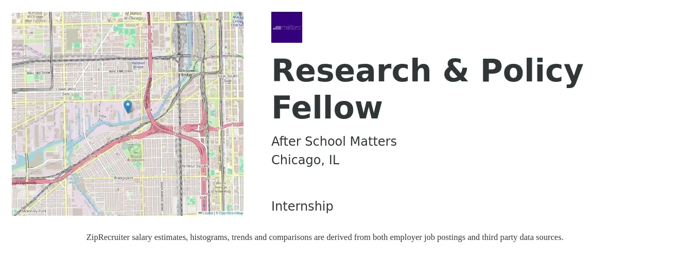 After School Matters job posting for a Research & Policy Fellow in Chicago, IL with a salary of $20 Hourly with a map of Chicago location.
