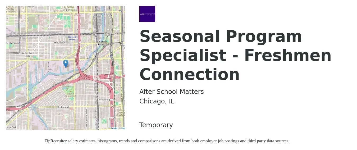 After School Matters job posting for a Seasonal Program Specialist - Freshmen Connection in Chicago, IL with a salary of $51,500 to $81,400 Yearly with a map of Chicago location.