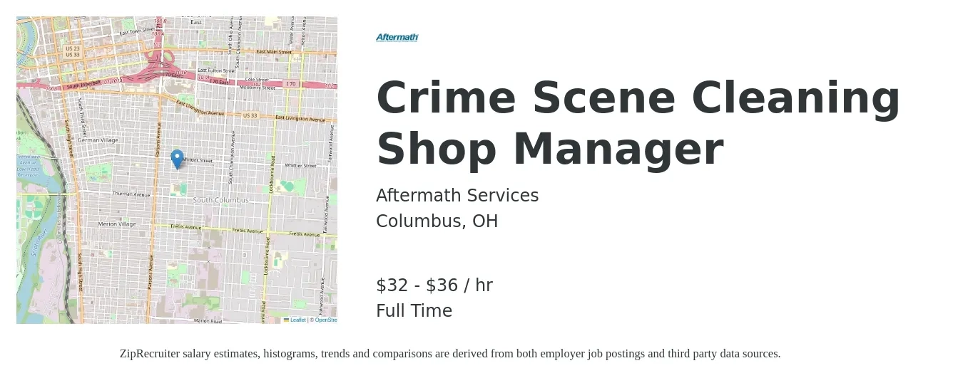 Aftermath Services job posting for a Crime Scene Cleaning Shop Manager in Columbus, OH with a salary of $34 to $38 Hourly with a map of Columbus location.
