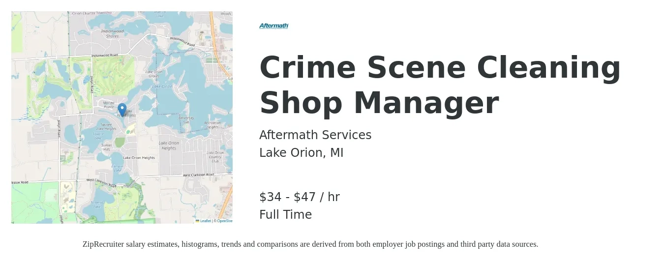 Aftermath Services job posting for a Crime Scene Cleaning Shop Manager in Lake Orion, MI with a salary of $36 to $49 Hourly with a map of Lake Orion location.