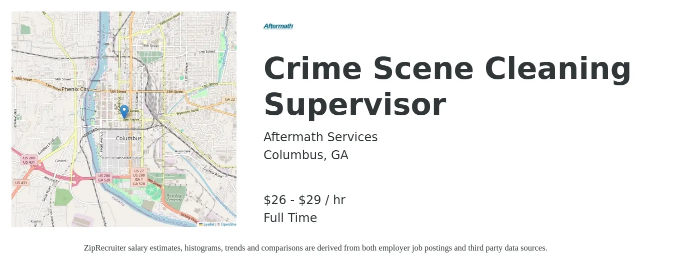 Aftermath Services job posting for a Crime Scene Cleaning Supervisor in Columbus, GA with a salary of $28 to $31 Hourly with a map of Columbus location.