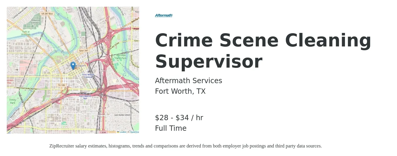 Aftermath Services job posting for a Crime Scene Cleaning Supervisor in Fort Worth, TX with a salary of $30 to $36 Hourly with a map of Fort Worth location.