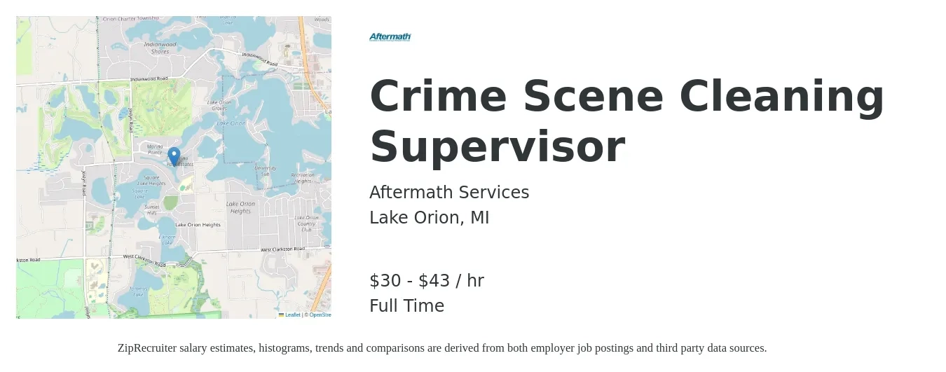 Aftermath Services job posting for a Crime Scene Cleaning Supervisor in Lake Orion, MI with a salary of $32 to $45 Hourly with a map of Lake Orion location.