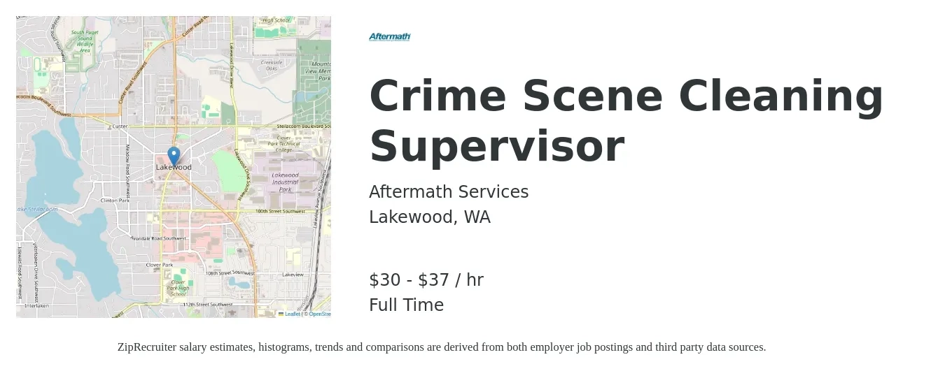 Aftermath Services job posting for a Crime Scene Cleaning Supervisor in Lakewood, WA with a salary of $32 to $39 Hourly with a map of Lakewood location.