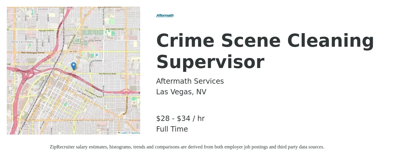 Aftermath Services job posting for a Crime Scene Cleaning Supervisor in Las Vegas, NV with a salary of $30 to $36 Hourly with a map of Las Vegas location.