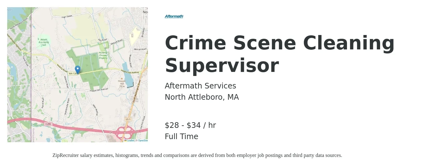 Aftermath Services job posting for a Crime Scene Cleaning Supervisor in North Attleboro, MA with a salary of $30 to $36 Hourly with a map of North Attleboro location.