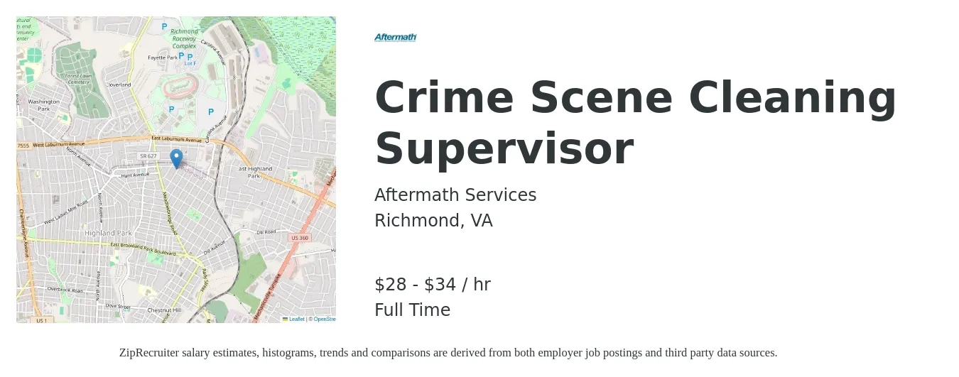 Aftermath Services job posting for a Crime Scene Cleaning Supervisor in Richmond, VA with a salary of $30 to $36 Hourly with a map of Richmond location.