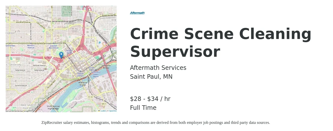 Aftermath Services job posting for a Crime Scene Cleaning Supervisor in Saint Paul, MN with a salary of $30 to $36 Hourly with a map of Saint Paul location.