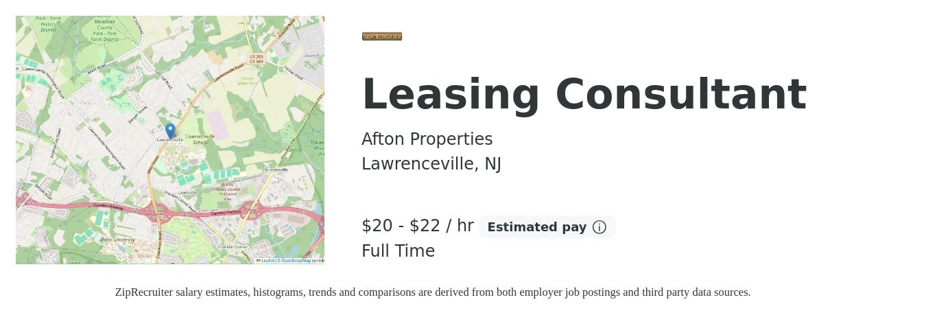 Afton Properties job posting for a Leasing Consultant in Lawrenceville, NJ with a salary of $21 to $23 Hourly with a map of Lawrenceville location.
