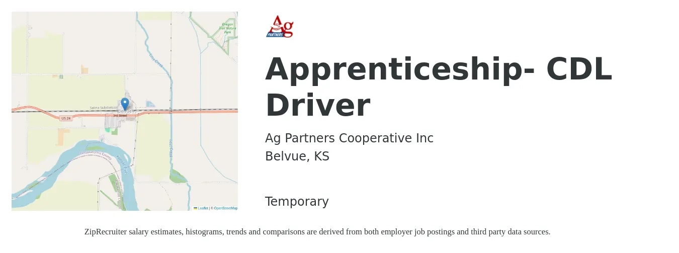 Ag Partners Cooperative Inc job posting for a Apprenticeship- CDL Driver in Belvue, KS with a salary of $1,050 to $1,400 Weekly with a map of Belvue location.
