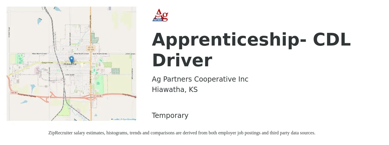 Ag Partners Cooperative Inc job posting for a Apprenticeship- CDL Driver in Hiawatha, KS with a salary of $1,180 to $1,570 Weekly with a map of Hiawatha location.