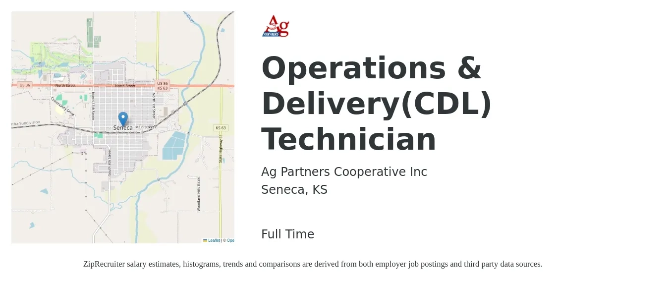 Ag Partners Cooperative Inc job posting for a Operations & Delivery(CDL) Technician in Seneca, KS with a salary of $13 to $17 Hourly with a map of Seneca location.