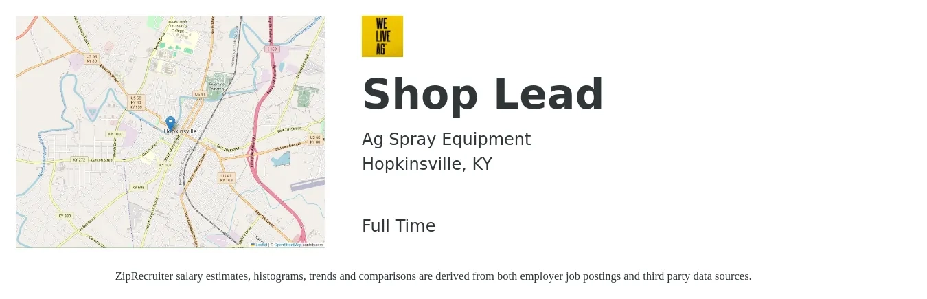 Ag Spray Equipment job posting for a Shop Lead in Hopkinsville, KY with a salary of $16 to $24 Hourly with a map of Hopkinsville location.